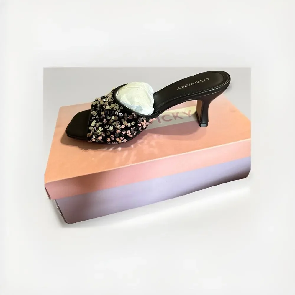 Lisa Vicky Pretty-V Black Slide Sandal Platinum Black Sequins Size 7 Heels - Picture 6 of 9